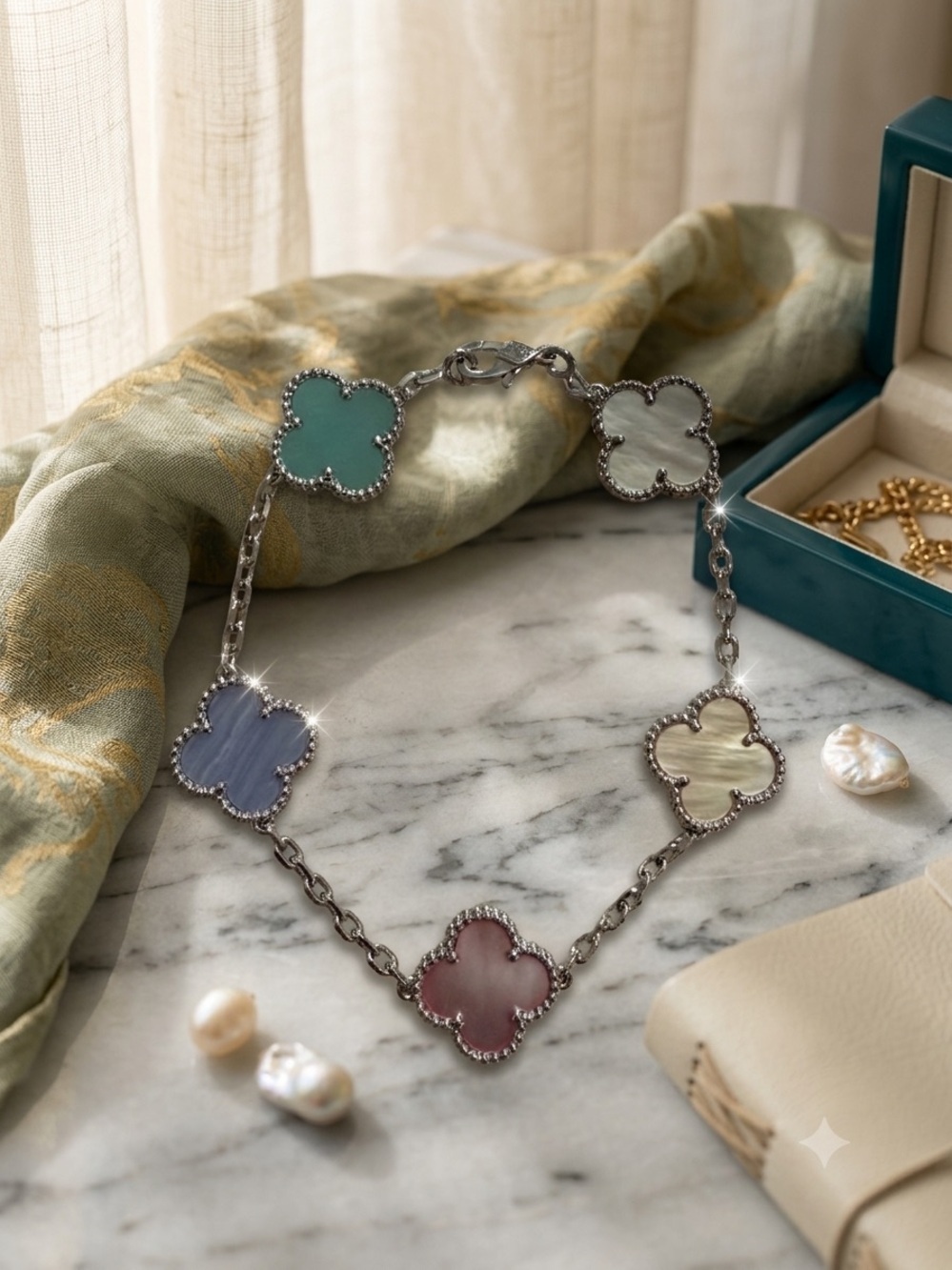 Silver Multicolor Clover Station Bracelet | Pastel Mother-of-Pearl Style